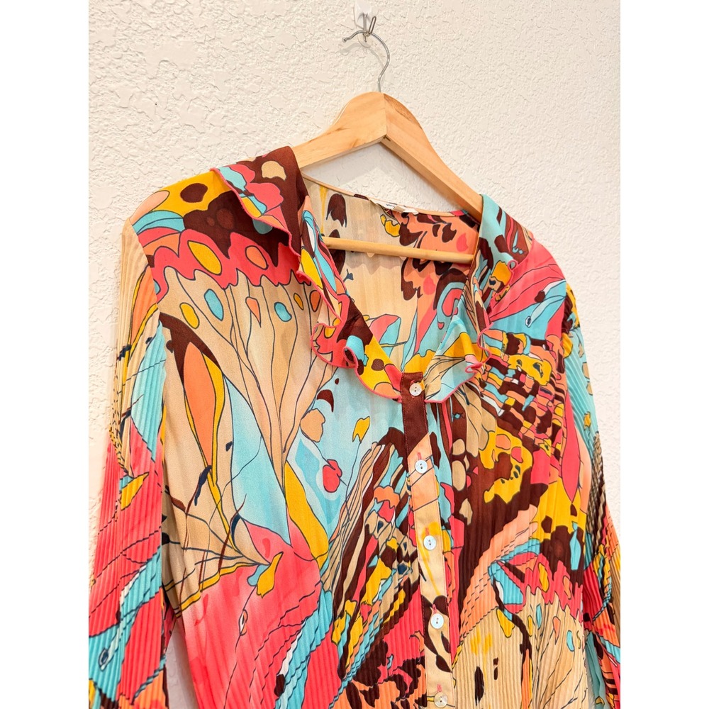 Nicola Women Butterfly‎ Print Plisse Pleated Blouse Pink Blue Y2K Bell Sleeve L - Picture 3 of 12